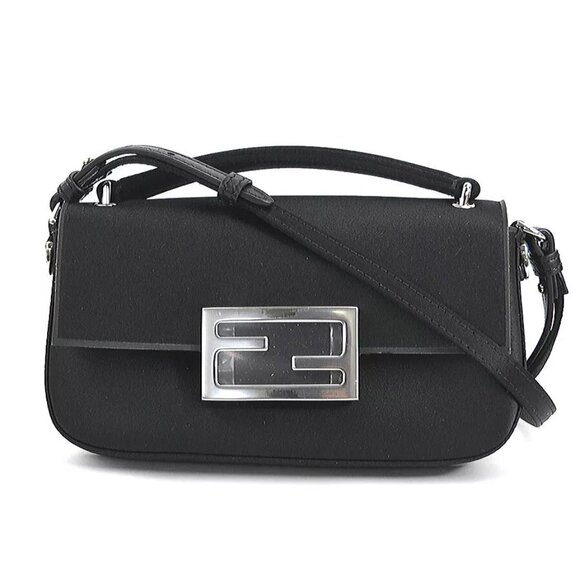 Auth FENDI Phone Baguette Crossbody Shoulder Bag Black Silk/Leather